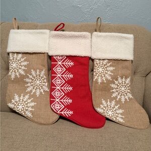 Set of 3 Christmas Stockings – Burlap & Red Knit, Snowflake & Nordic Design